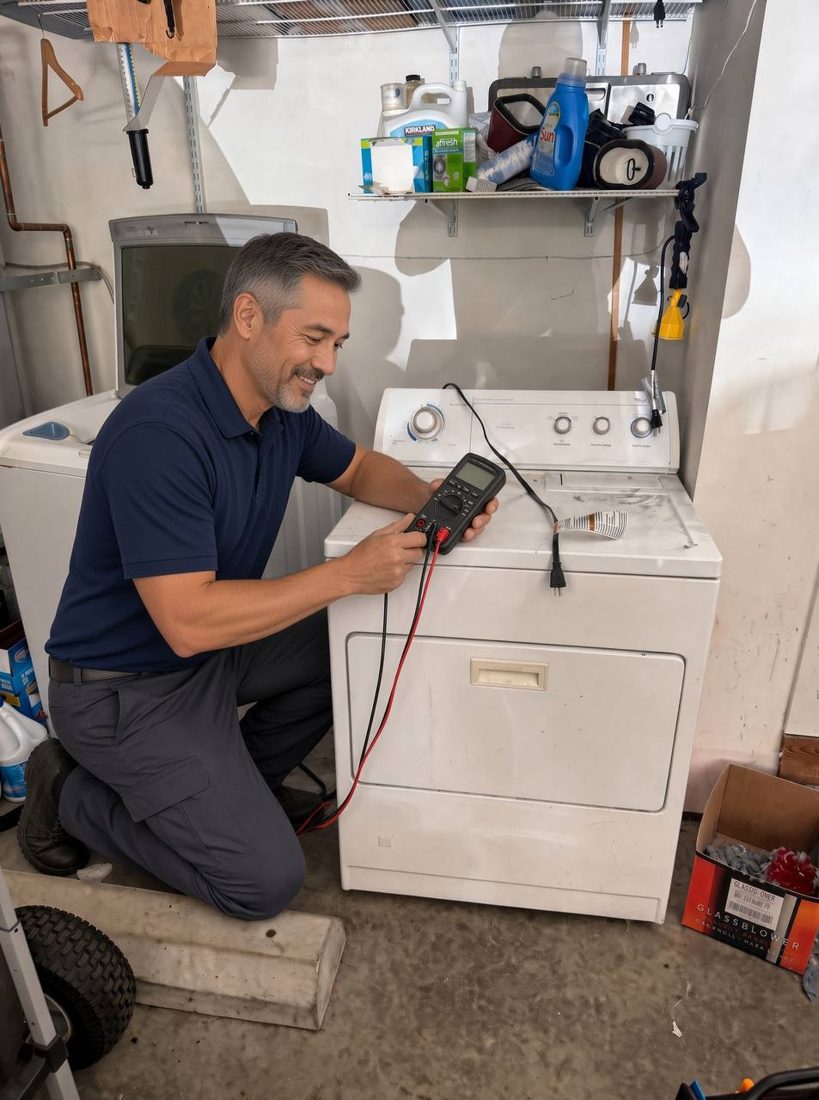 Technician metering a dryer in a garage laundry room in central Kitsap