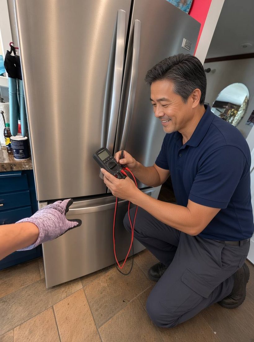 Rabbit Appliance technician testing a French-door refrigerator with a multimeter at a Bremerton home